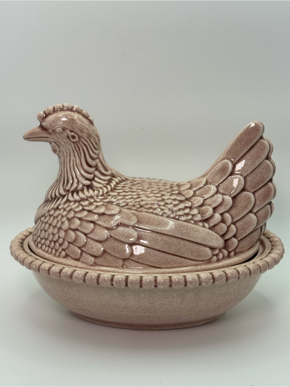 Vintage Atlantic Mold Ceramic Hen on Nest Pink Mauve Glazed Pottery 1970s